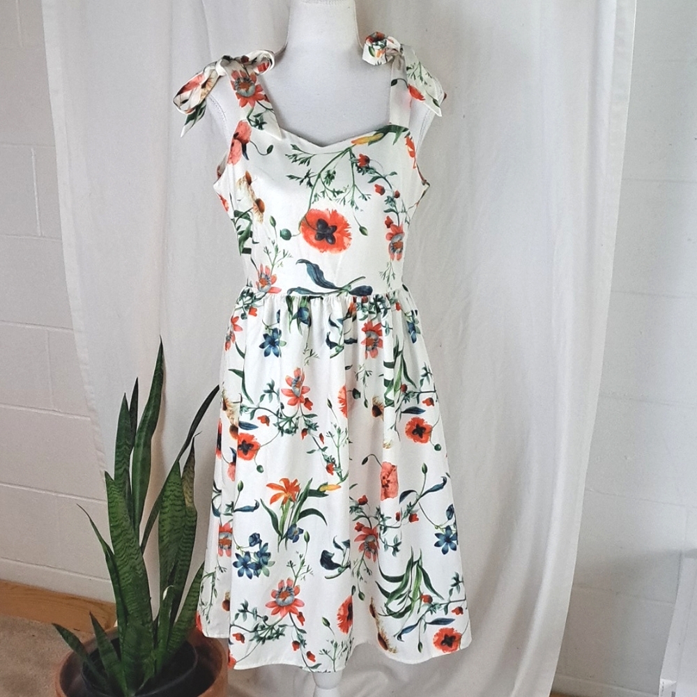 Floral Flowy sweetheart summer dress bow tie shoulders szS